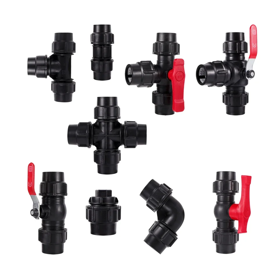 Black PE Plastic Pipe Fitting Set Includes Tee Straight Elbow End Cap Valve for 20 25 32 40 50 mm OD Tubing Irrigation Systems H