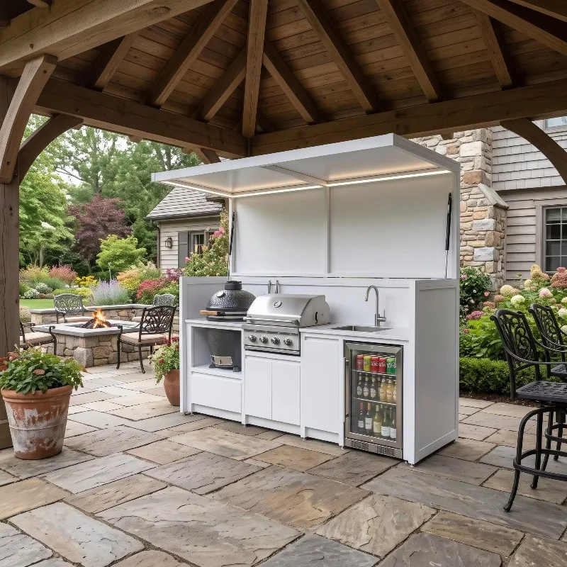 Custom Garden Outdoor Kitchen Set, High Quality 304 Stainless Steel Mildew-Proof Shed With Double Folding Doors, Grill And Sink