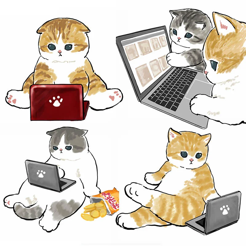 Fashion Beautiful Car Sticker Hand Draw-Kitty Cats Playing Computer Anti Scratch Film Laptop Decal