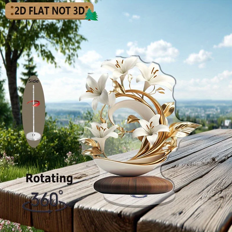 2D Flat Rotating Acrylic Ornament - 360 Degree Rotation White Lily And Golden Leaf Design No Power Needed, Home Wedding Office D
