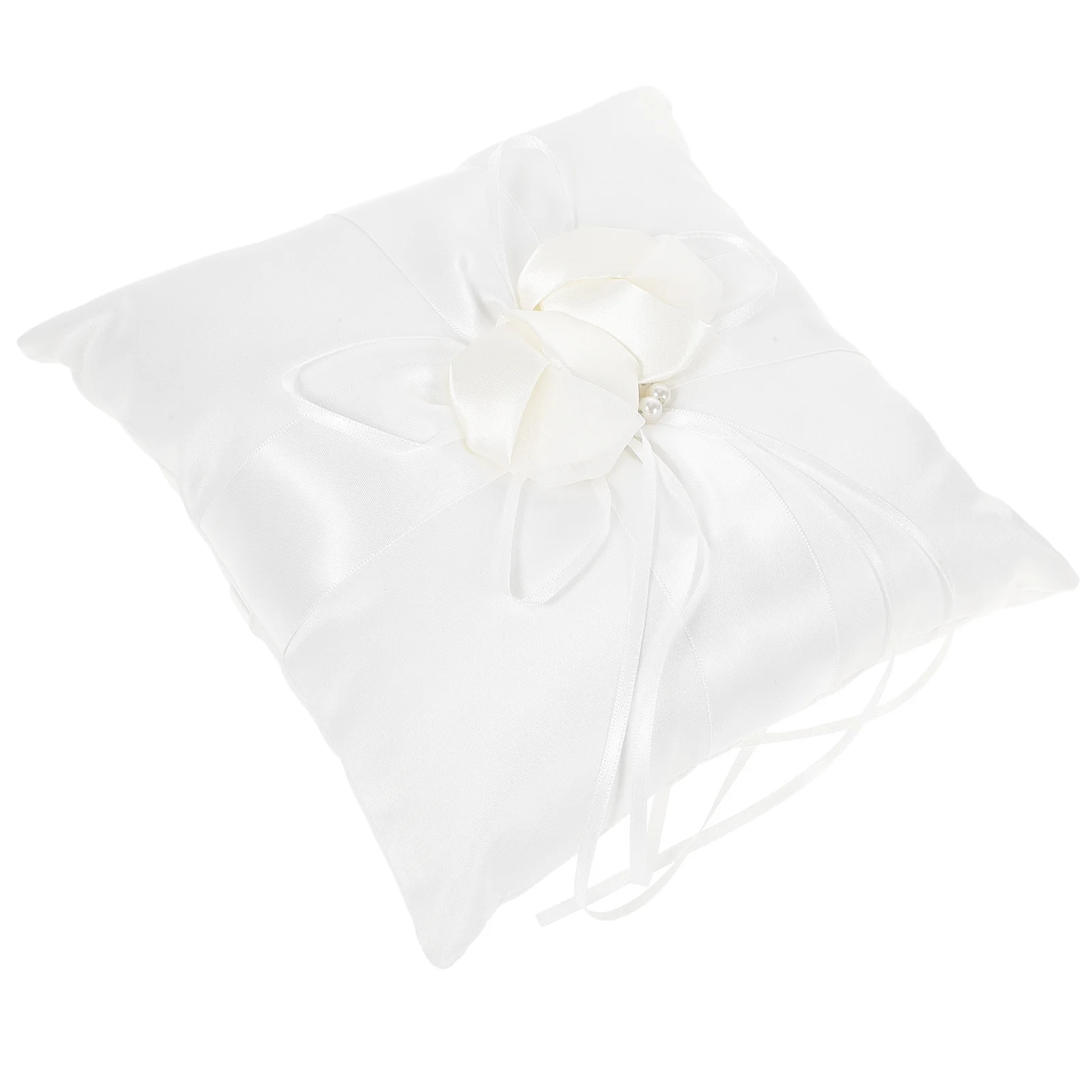 

20x20cm White Bridal Wedding Ceremony Ring Pillow Faux Pearls Satin Ribbons Flower Bud Buckle Compact Easy Carry