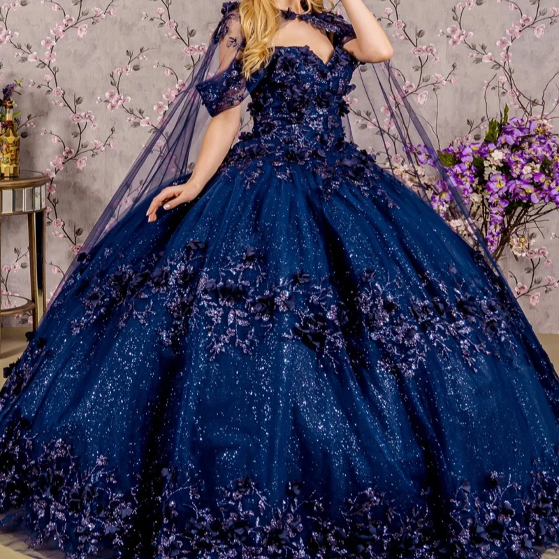 

Navy Blue Shiny Quinceanera Dresses Off Shoulder Ball Gown Sweet 16 Dress Sequin Applique Flower Beading Crystal Tull Birthday