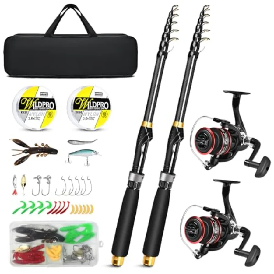 

6.89ft Fishing Rod and Reel Combo 2PCS Telescopic Carbon Fiber Fishing Rod Spinning Reels *2 Fishing Line *2 Fishing Hooks Bait