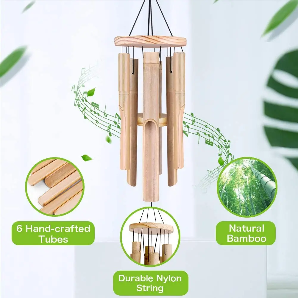 6 Tubes Bamboo Wind Chimes With Natural Relaxing Soothing Sound Outdoor Chimes Hand-Carved Garden Patio Outdoor Home Decor