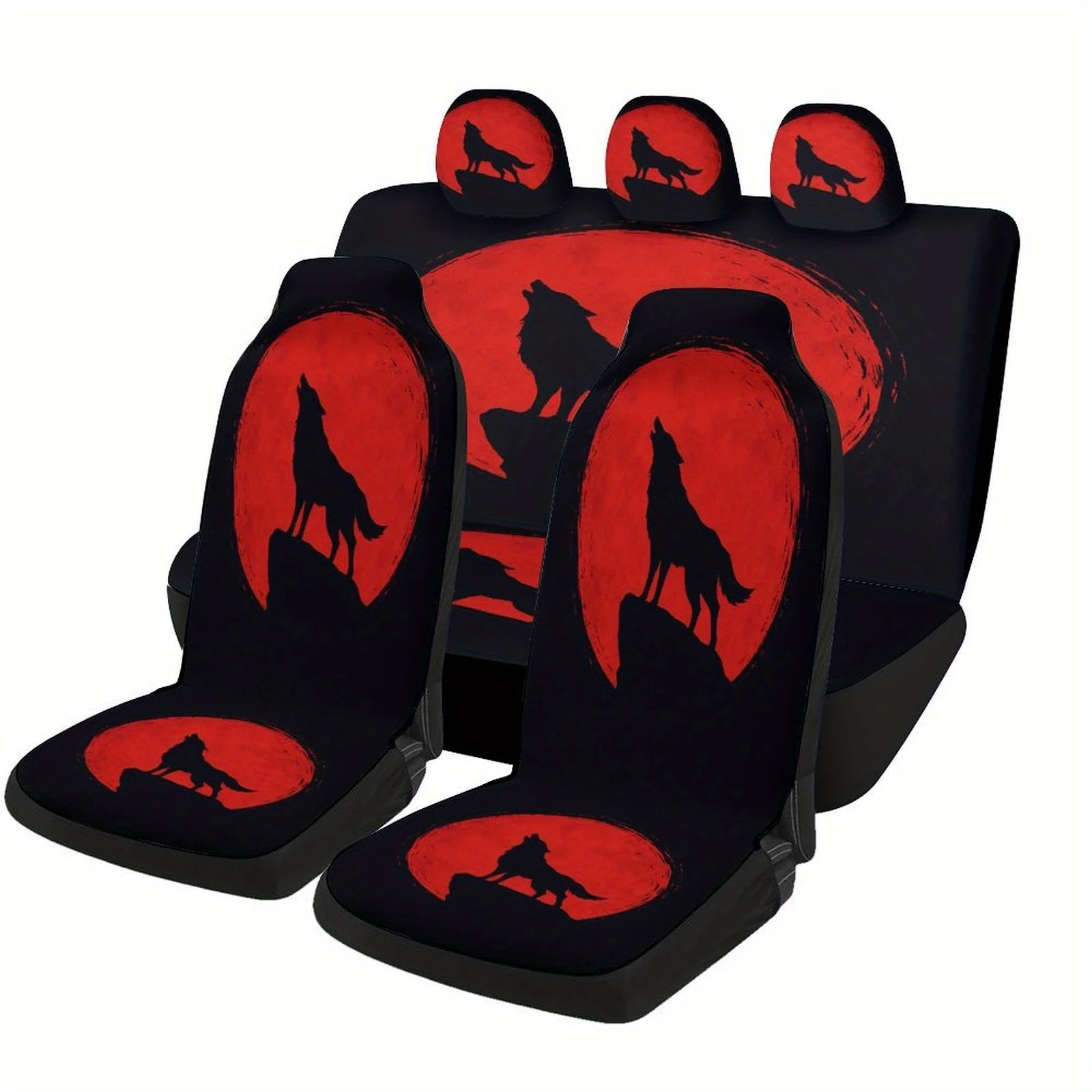 Wolf Moon Silhouette Designed Car Seat Cover Set For Most Cars, Trendy Novelty High-quality Car Seat Protector Covers Full Set,