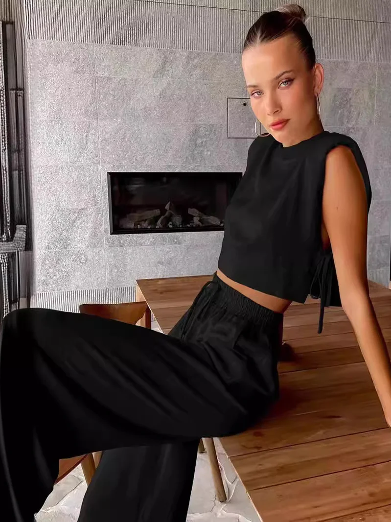 طقم نسائي مكون من قطعتين مع وسادات كتف وبنطلون واسع الساق ومجموعة كيتس الصيفية من الشركة المصنعة الصينية #3