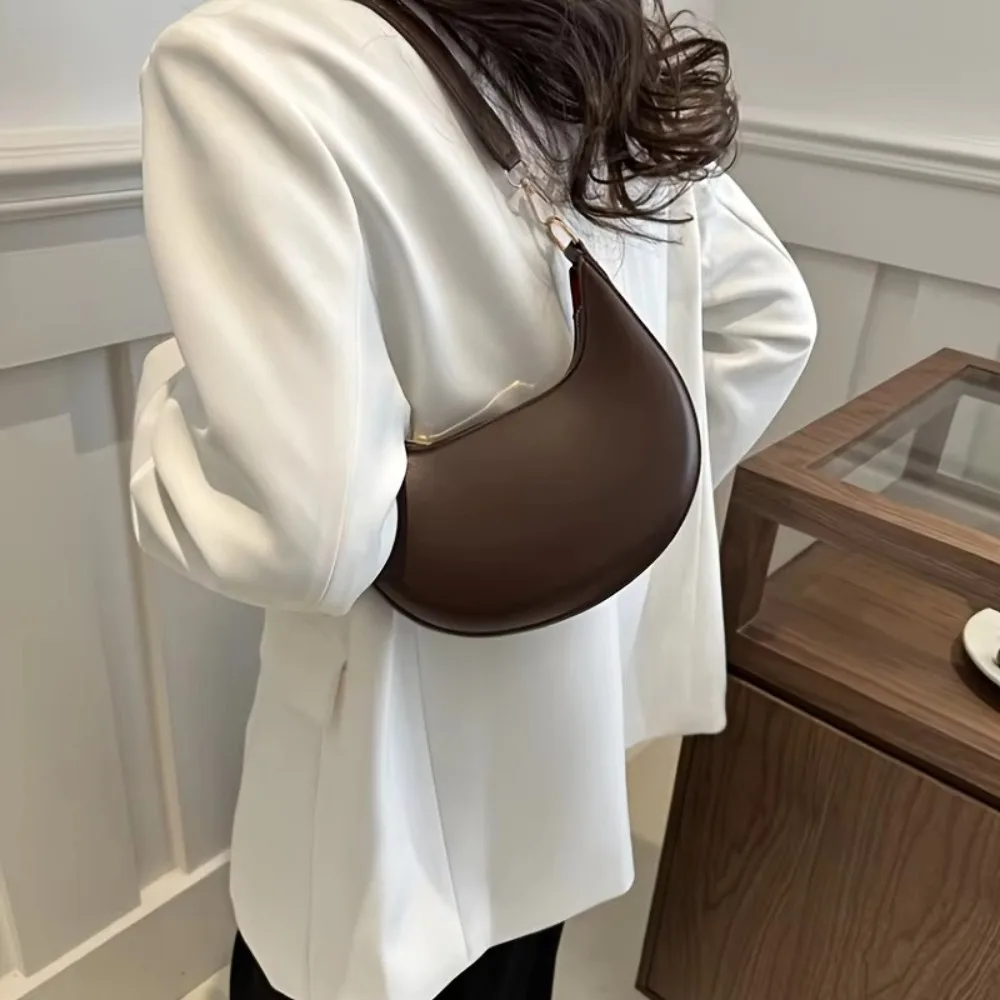 

Fashion PU Leather Shoulder Bag Moon-shaped Solid Color Underarm Bag Large Capacity Tote Handbag Women