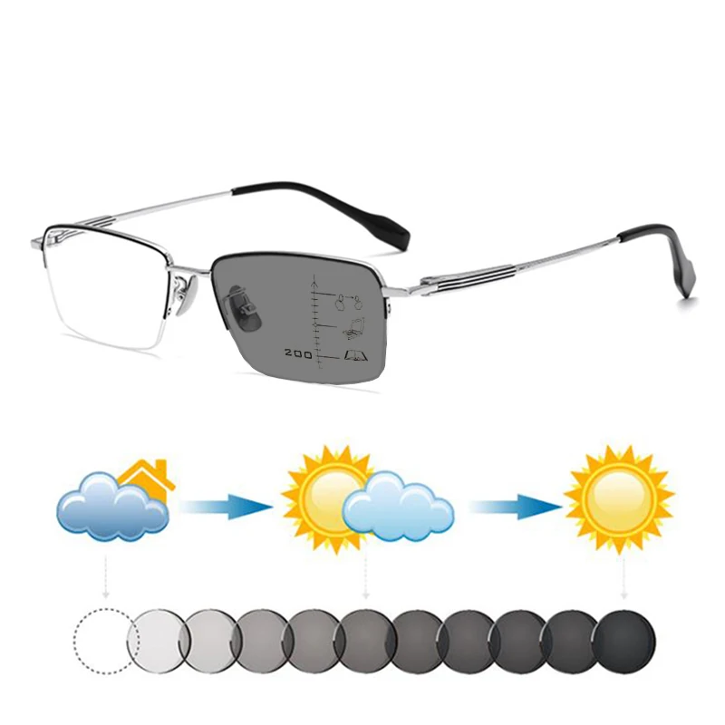 

Women Men Business Semirim Ultralight Pure Titanium Photochromic Progressive Reading Sunglasses Hyperopia Dark Glasses Sunnies