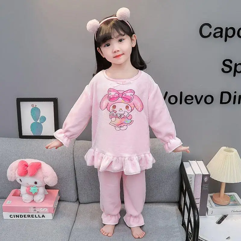 

Sanrio Girls' Flannel Pajamas Autumn and Winter Children's Kuromi Clothes Coral Velvet Home Clothes Set Baby Girl Winter Clothes