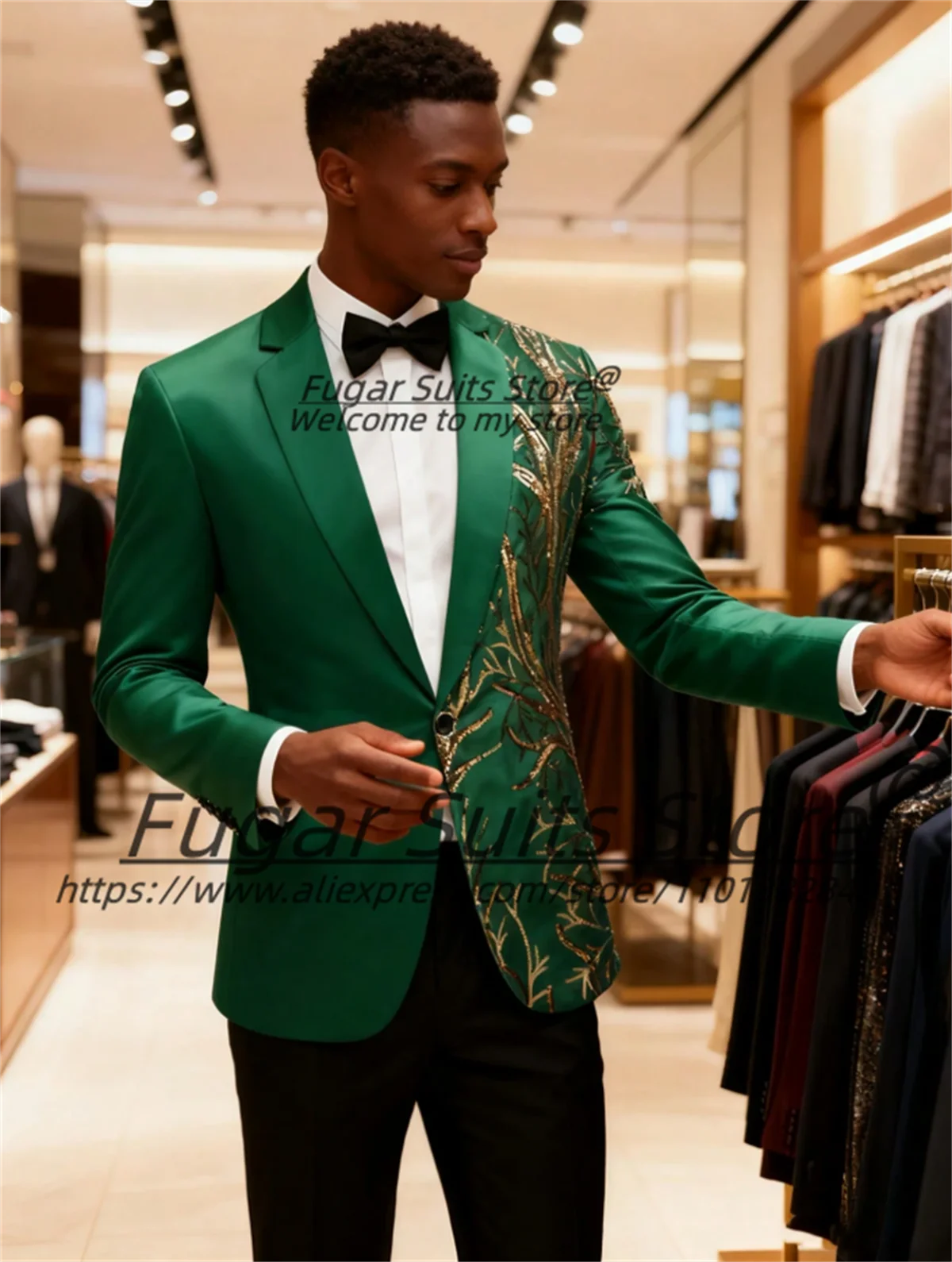 Green Shiny Luxuly Sequin Prom Men Suits Customized Slim Fit Notched Lapel Groom Wedding Tuxedos 2Pieces Sets Male Party Blazers