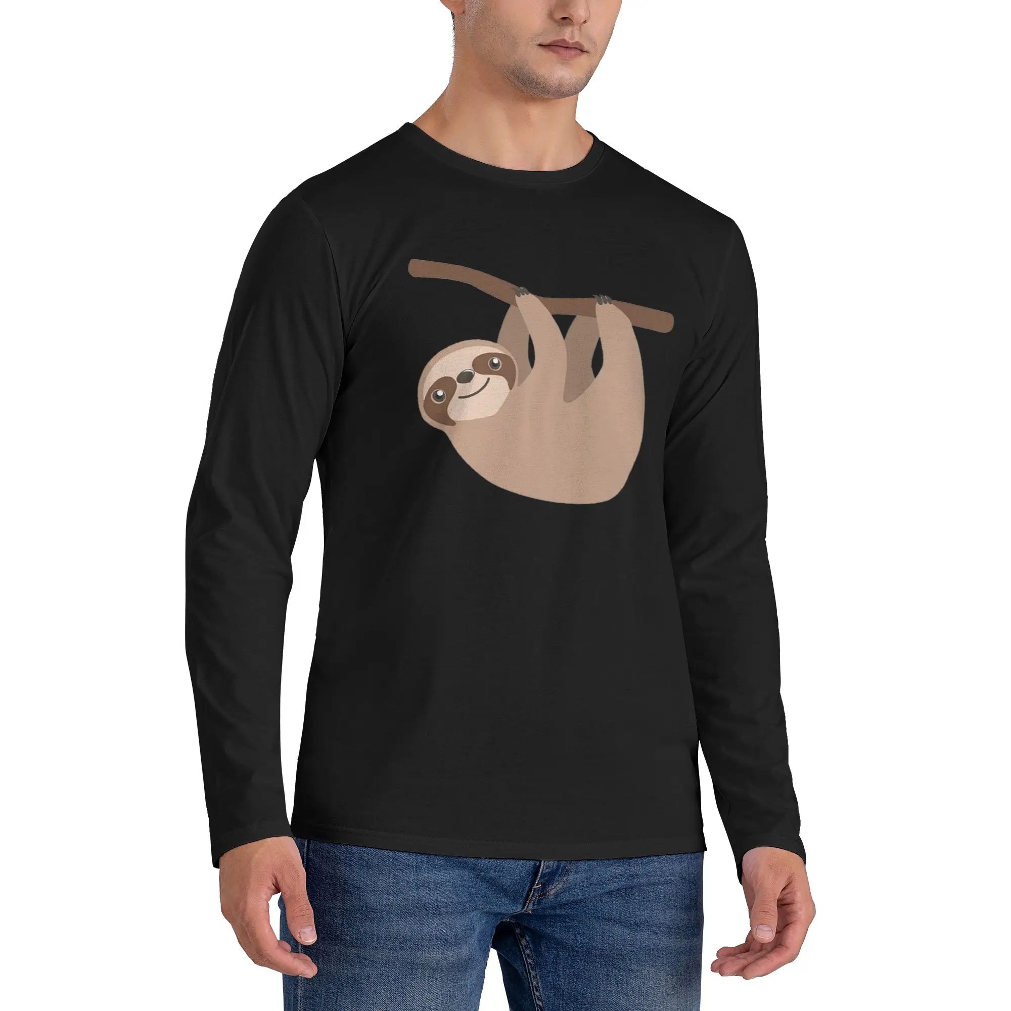 

Cute Baby Cartoon Sloth Design Men's Long Sleeved T-shirt Casual Round Neck T shirts Spring and Autumn Men tops