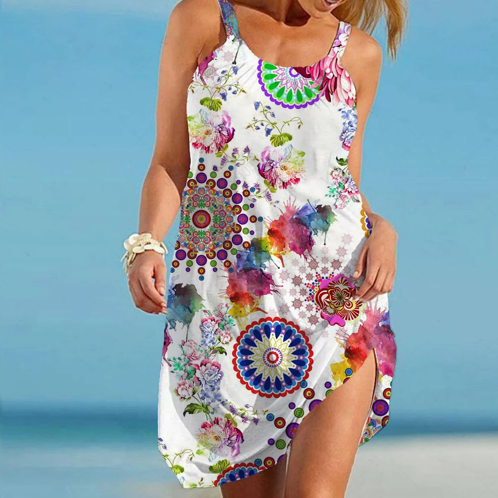 

Traf Vintage Floral Printed 3D Beach Dress Sexy Dress Seaside Sleeveles Woman Sundress Vestios for Ladies Women Flower Hawaiian