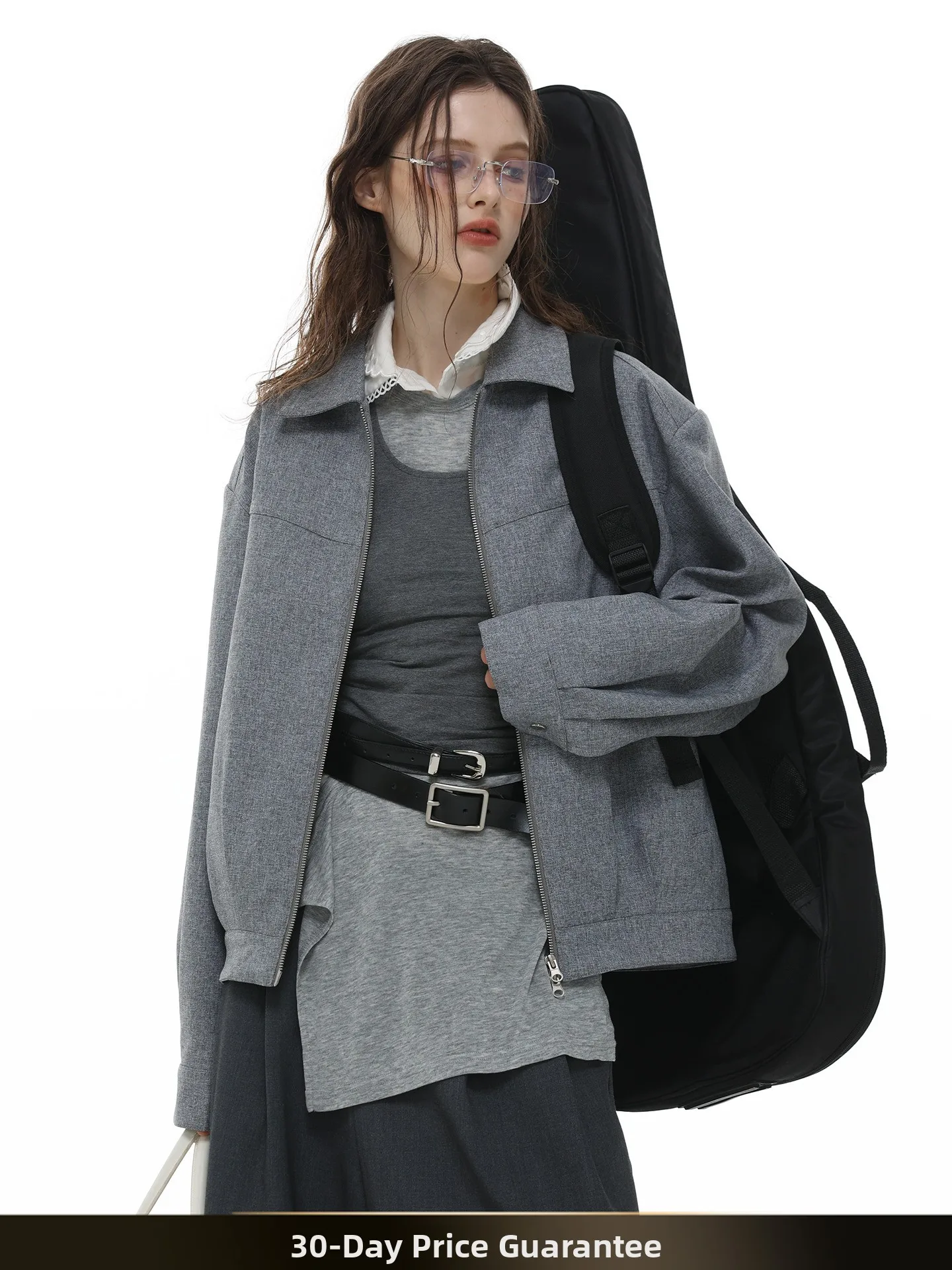 

American Retro ey Collar ort Workwear Jaet Loose Casual Couple's Pure Color Outerwear for Teenagers Autumn Season