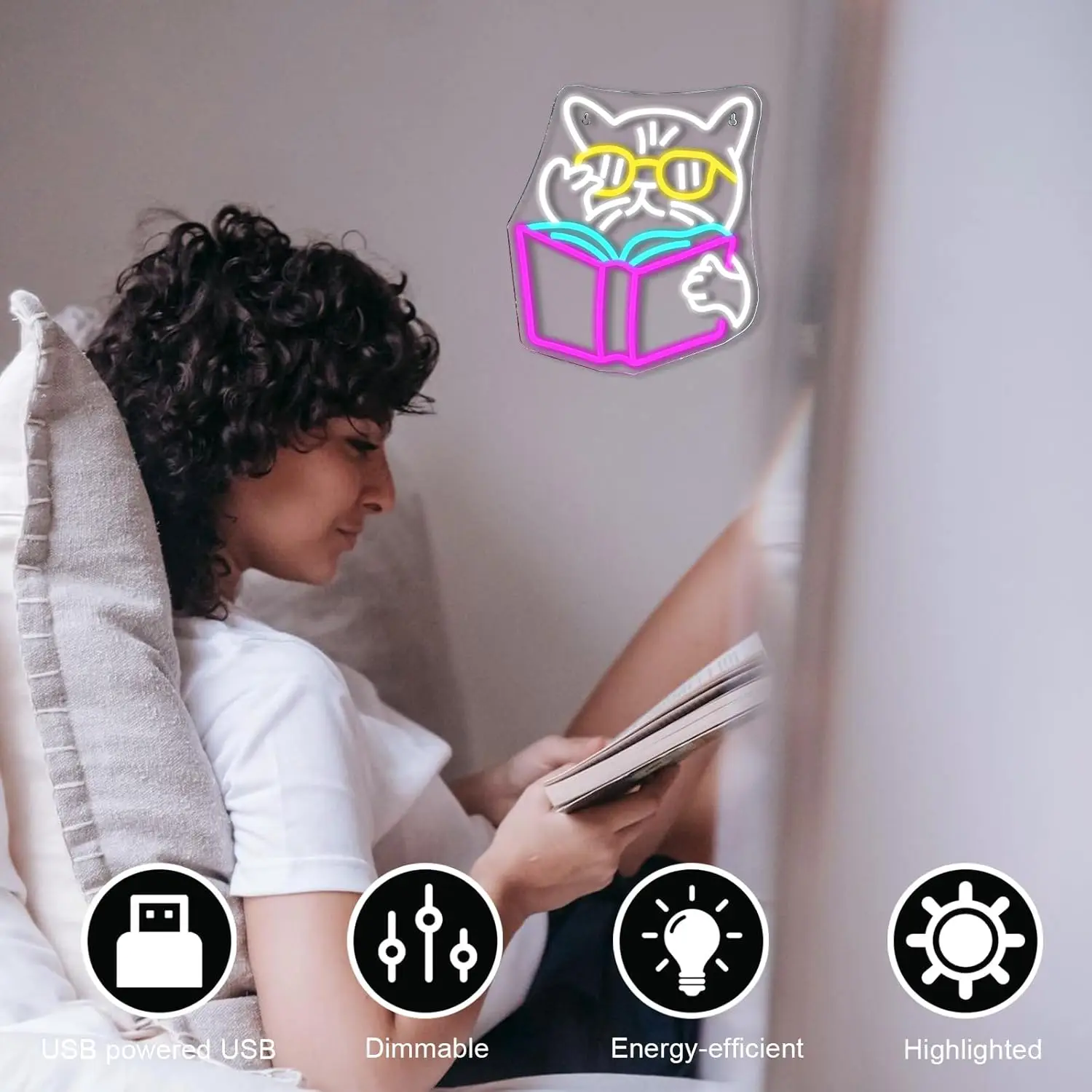 

Cat Reading Book Neon Sign for Wall Decor Reading Cat Light Decor for Home Classroom Library Book Club Bookstore Reading Room Bo