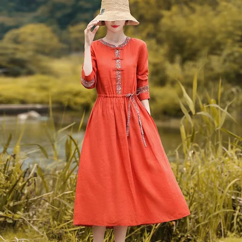 

Ретро-этническое платье с длинными рукавами из хлопка и льна для женщин, весна-осень, большие размеры, с завязками на талии, длина миди.