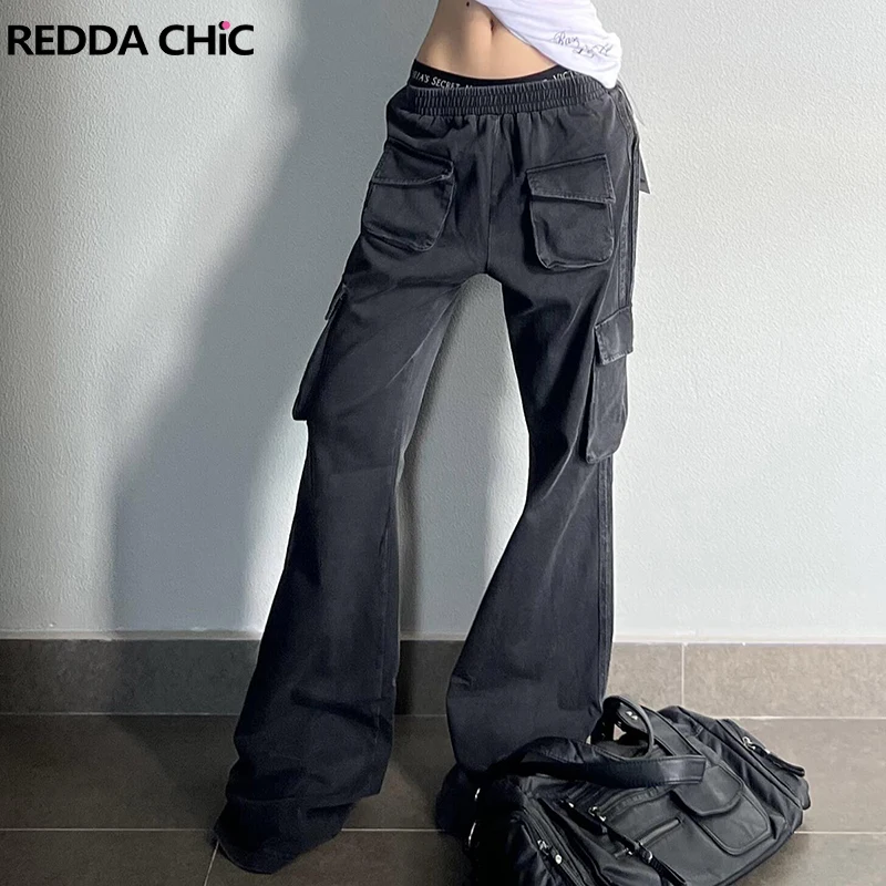 ReddaChic Cotton Cargo Pockets Bootcut Pants Women Retro Overdye Black Side Striped Elastic Waist Wide Sweatpants Casual Clothes