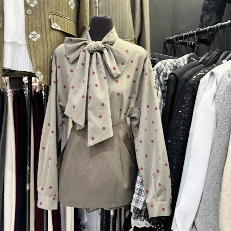 

Elegant Vintage Wave Point Bow Blouses 2025 Early Autumn New Bottoming Shirt Women Y2k Lonjg Sleeve Loose Blusas De Mujer