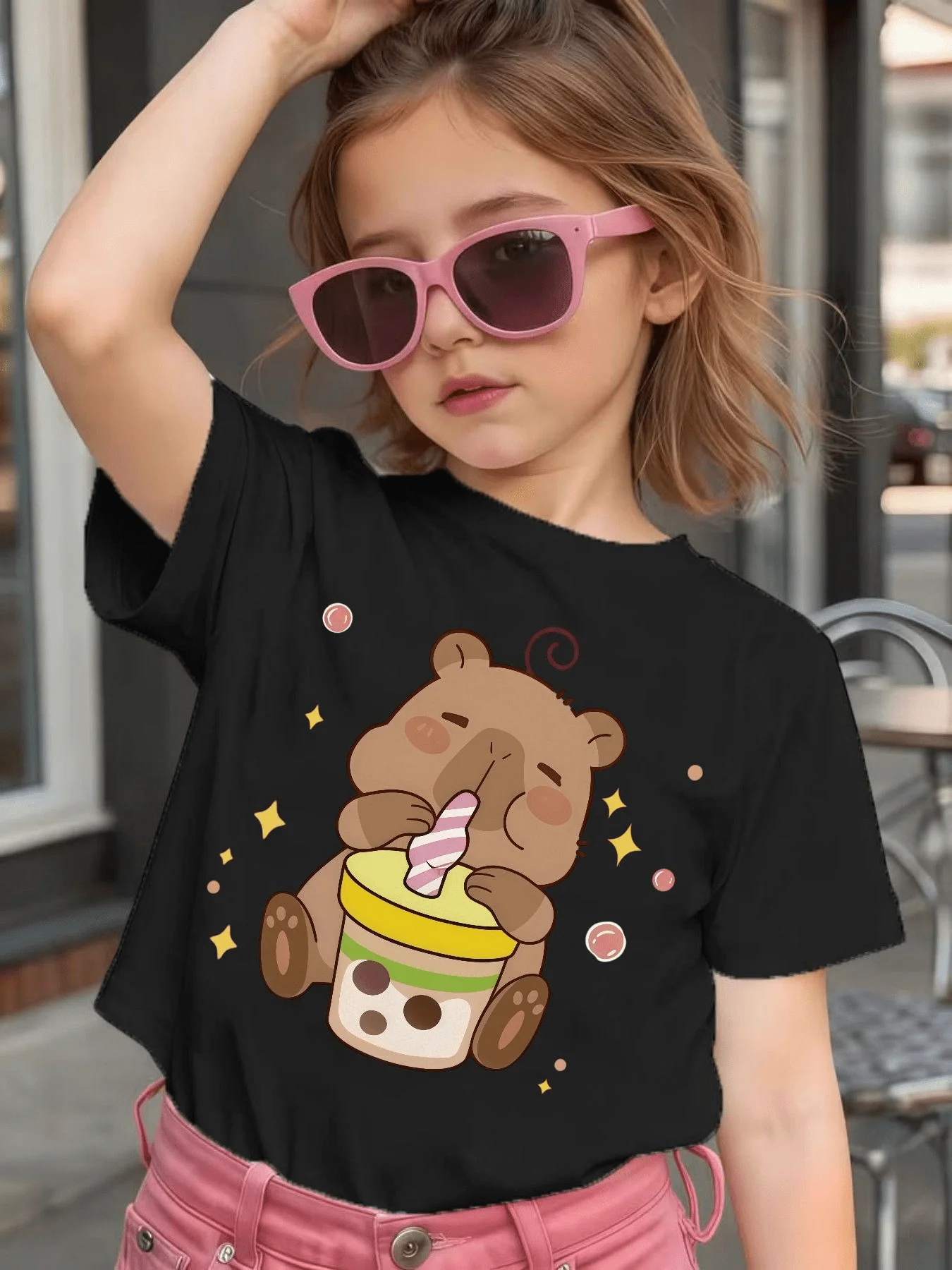 Family Matching Tee Cute Drinking Bubble Tea Star Bubble Cartoon Print Boys Girls Soft Short Sleeve Lovely Daily Casual Kids Top