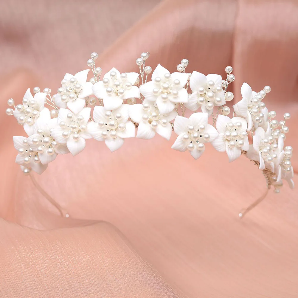 SLBRIDAL Handgemachte Kristall Strass Perlen Keramik Blume Braut Tiara Hochzeit Brautjungfern Party Krone Frauen Mädchen Haar Schmuck – Detail 5