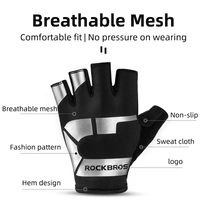 ROCKBROS Cycling Gloves Half Finger Breathable Shockproof MTB Road Bike Gloves For Men Women Sports Gym Fitness Running