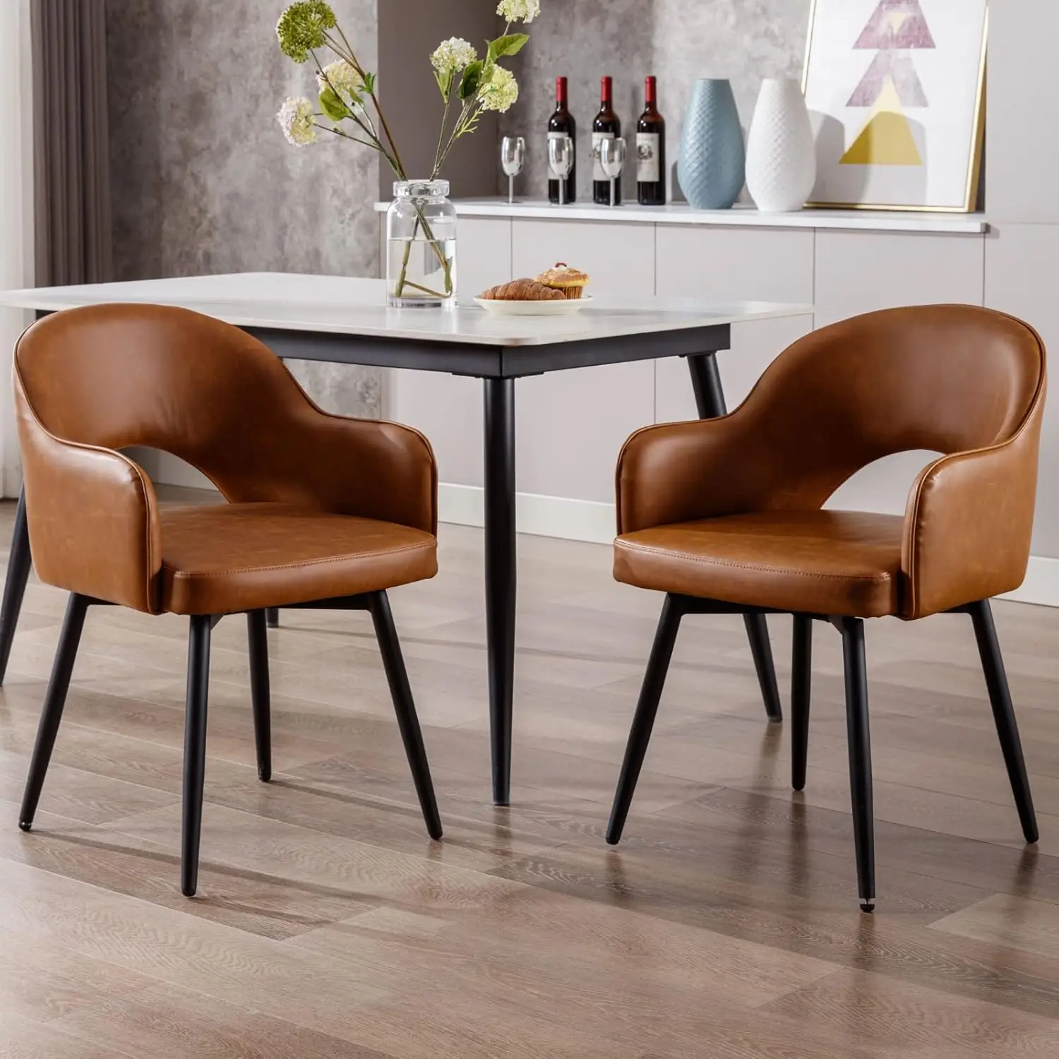 Modern Swivel Dining Chairs Set of 2, Comfy Upholstered Side Chair PU Leather with Hollow Backrest Black Metal Legs, Customized
