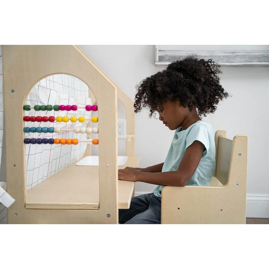 Casetta da gioco per interni 5 in 1 con tavolo da scrivania, sedia, lavagna, cuscino da pavimento e tende - Stile Montessori e Waldorf per