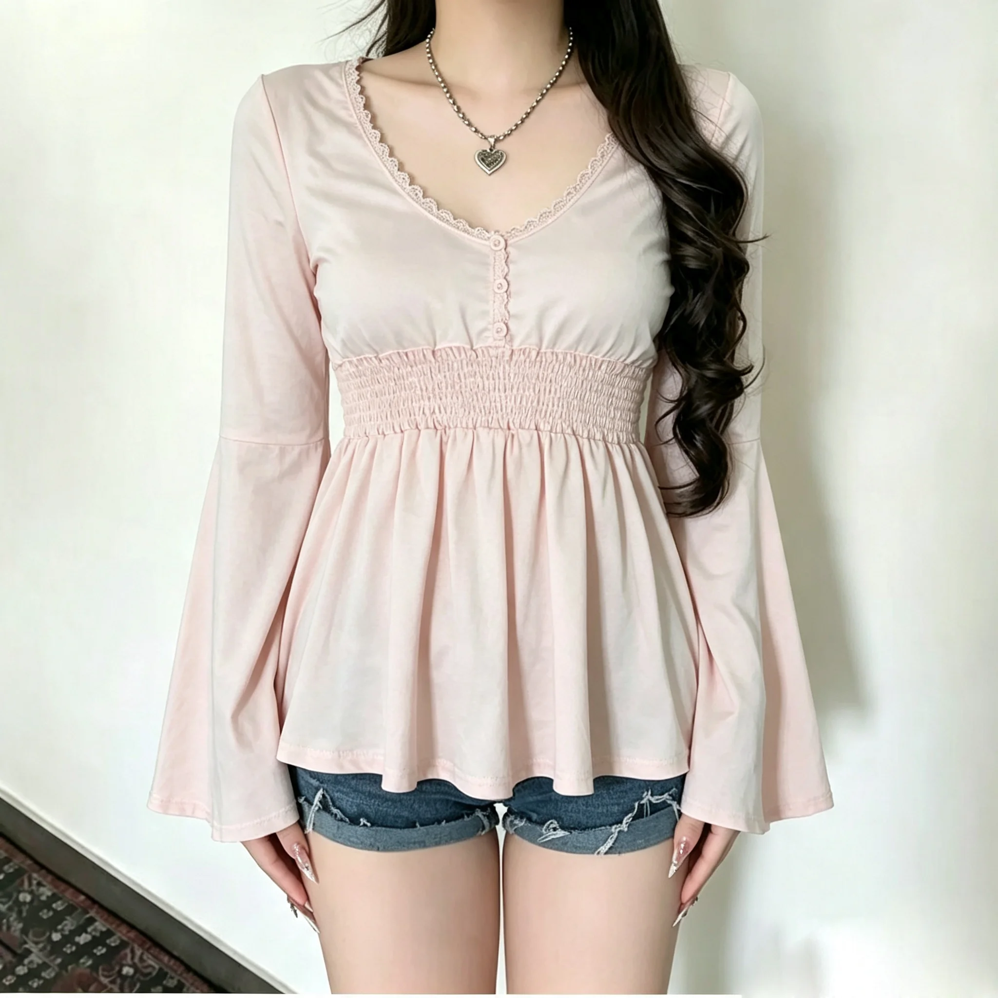 Women's Babydoll Top Long Sleeve Scoop Neck Lace Trim Button Front Smocked Waist Flare Sleeve Casual Peplum Blouse