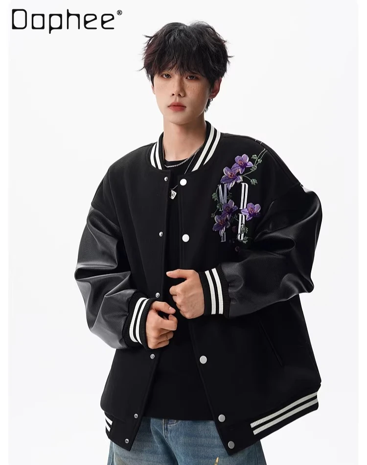 

Spring Autumn New Men's Floral Vine Embroidery Baseball Jacket Couple Style American High Street Khaki Blue Loose Casual Jacket