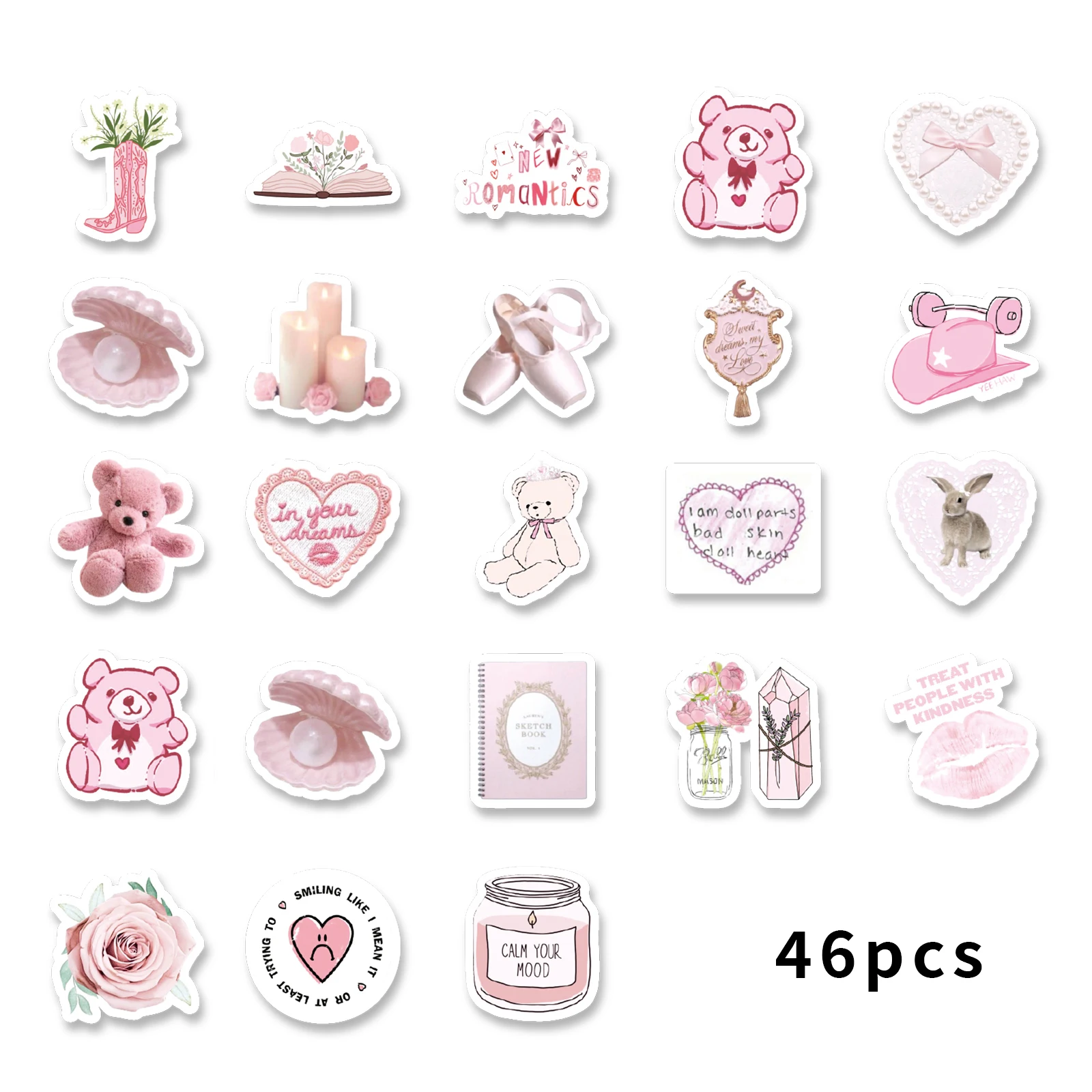 46pcs, Big Bear, Rose, Rabbit, Pink Theme Stickers Decorated Laptop Phone Case Water Bottle Classic Toy Stationery DIY Decal