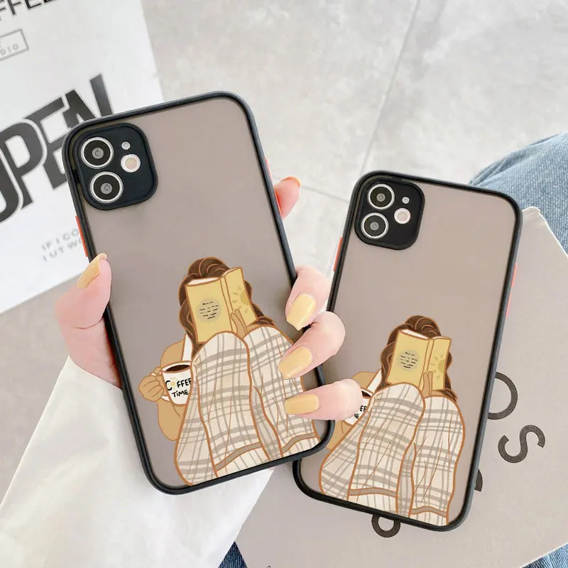 Read Book Coffee Girl Phone Case Cute cover for iphone X XS XR 17 16 15 13 14 12 11 Pro Max Mini 16 15 14 Plus Shockproof Cover