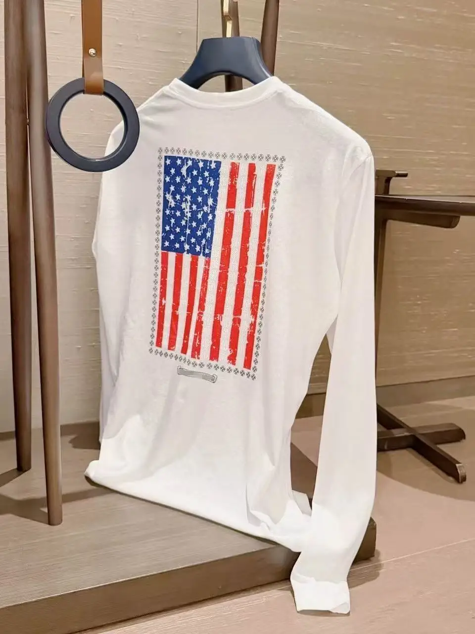 Loose Long Sleeve Women's T-shirt American High Street Star Flag Print Base Layer Top Fashionable round Neck Design Sense