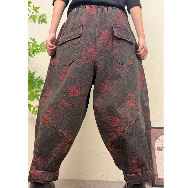 Amax LuluE Fall Ladies Printed Denim Pants Womens Classic Vintage Loose Fashion Jeans Casual Floral Elastic Waist Harem Trousers