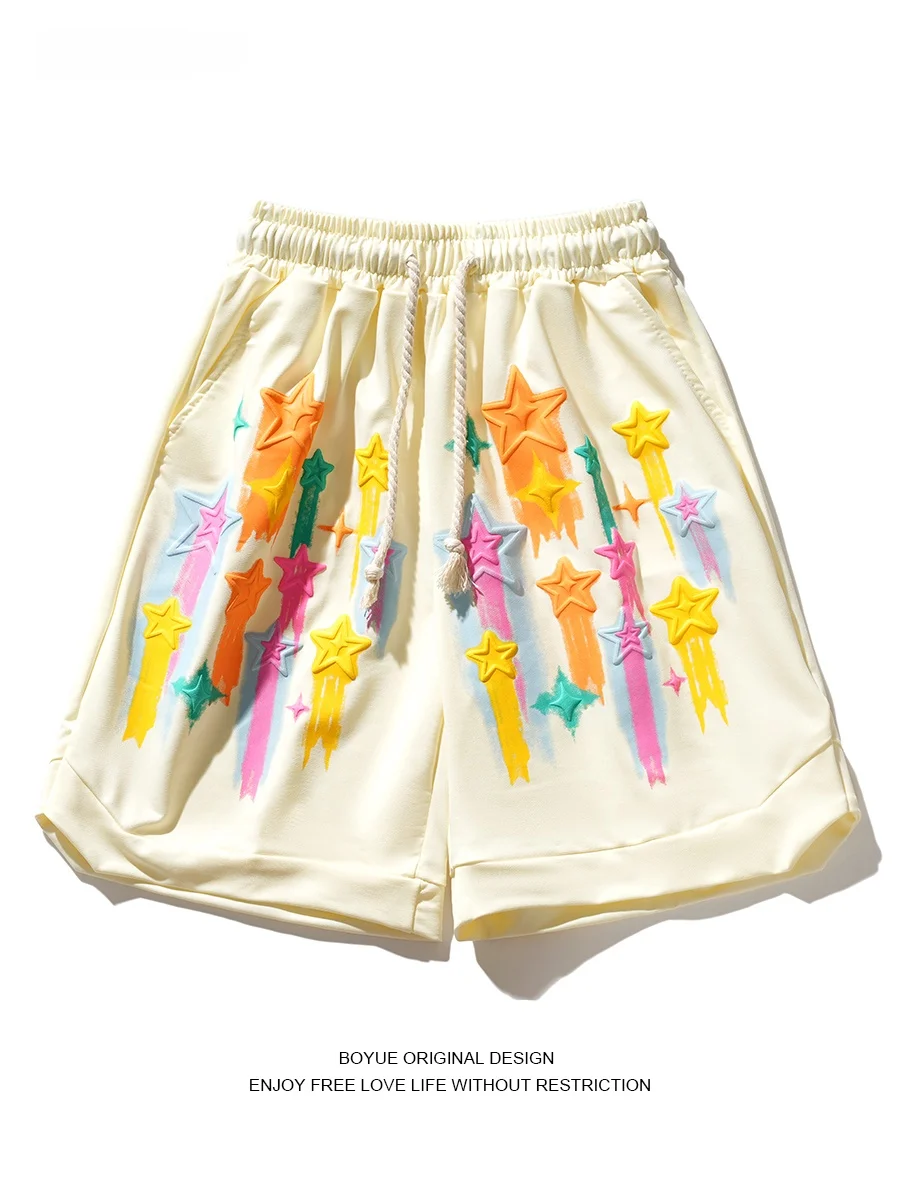 

Boyue Faion Star Print Wide Leg ort Pants Five-Quarter Length Youth Summer Trendy Design Casual Loose Fit mid Waist