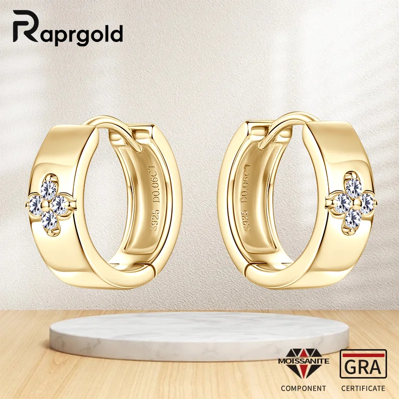 

RAPRGOLD Certified Four Leaf Clover Flower Moissanite Hoop Earrings for Women S925 Sterling Silver Fine Jewelry Gift Pendientes