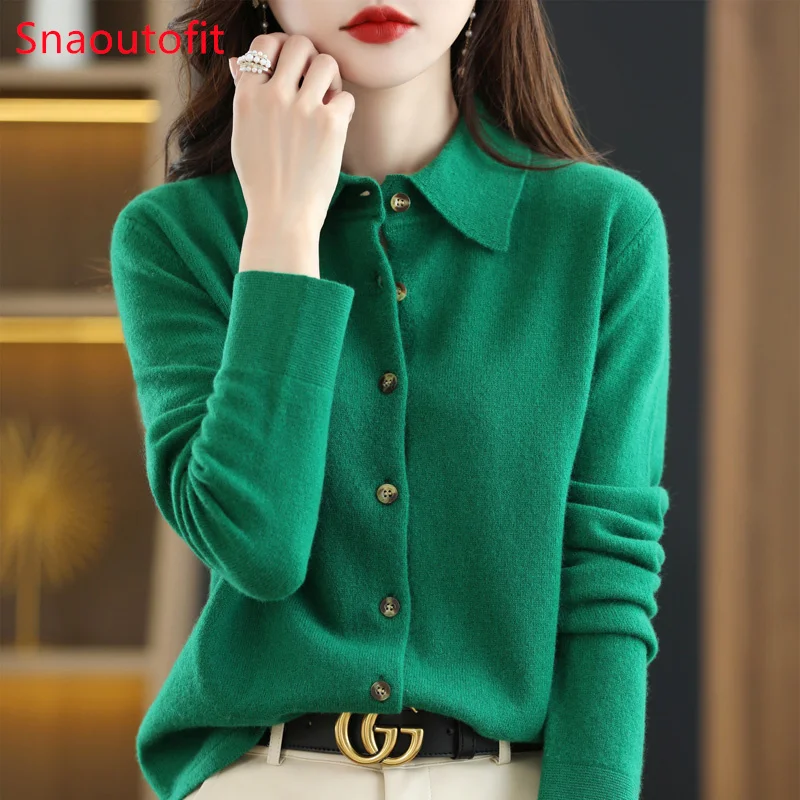 100% Merino Wool Cardigan Women\'s POLO Neck Knit Sweater Spring/Autumn Commuting Loose Top Soft Cashmere Sweater Office Formal