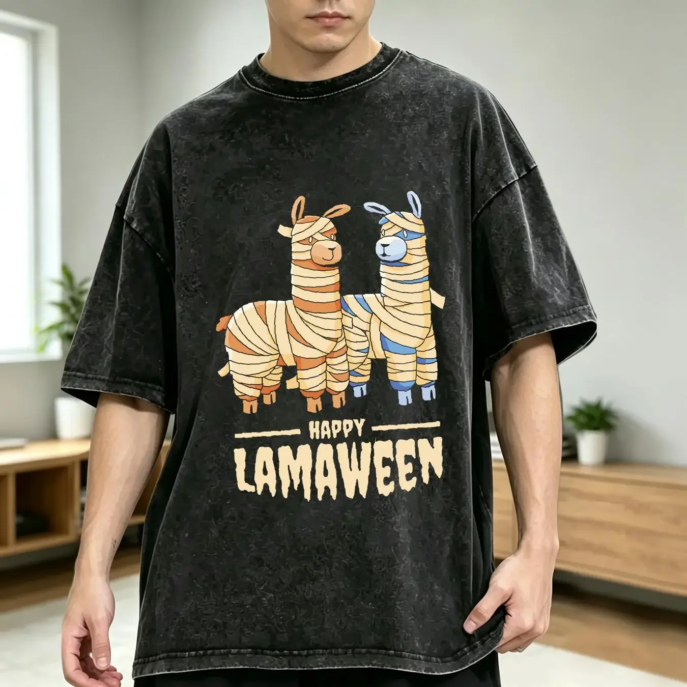washed T Shirt Happy Lamaween Funny Blade Halloween Men's Cotton long or short sleeves vintage Washed Unisex Soft Slightly