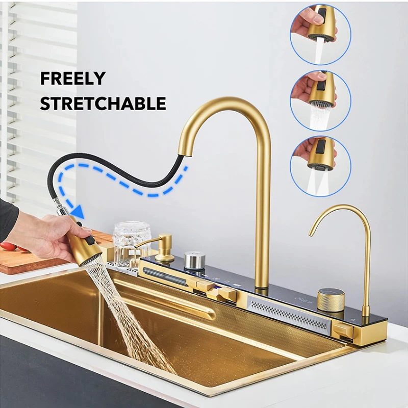 Luxury Gold 3.0mm Stainless Steel Kitchen Sink Single Bowl Smart Sink with Digital Display 68x45 75x45 80x45cm