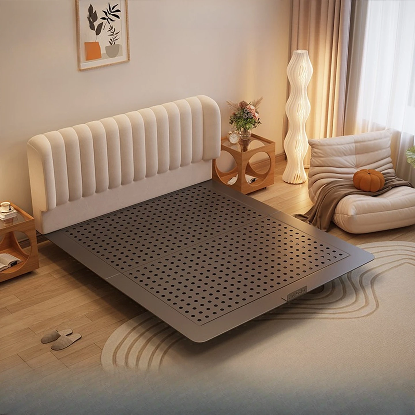 New carbon steel cream wind flush edge environmental protection bed light luxury modern simple French fabric bed master bedroom