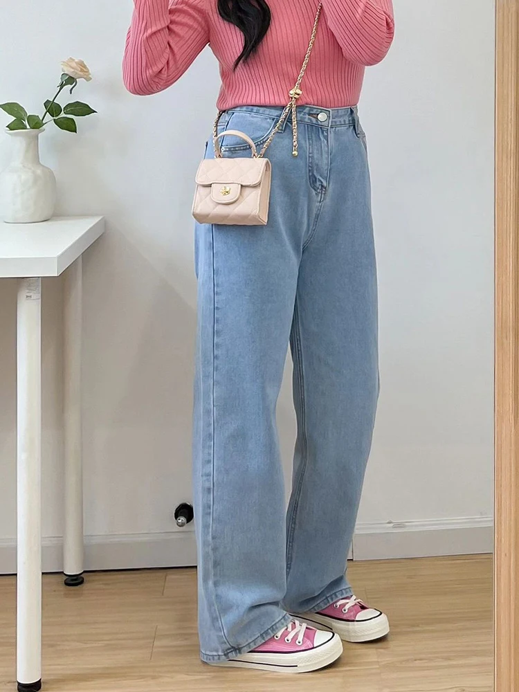 

Джинсы свободного кроя с высокой талией, женские, больших размеров, светло-голубые, прямые, широкие, для фигуры типа «груша», в ретро-стиле, повседневные