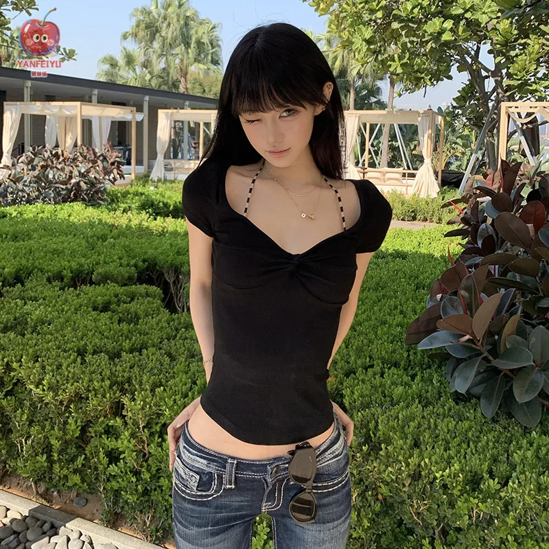 2026 Summer New American Retro Y2K Women's Twist Knot V Neck Short Sleeve Crop Top Slim Fit Fashion Sexy Streetwear Tee