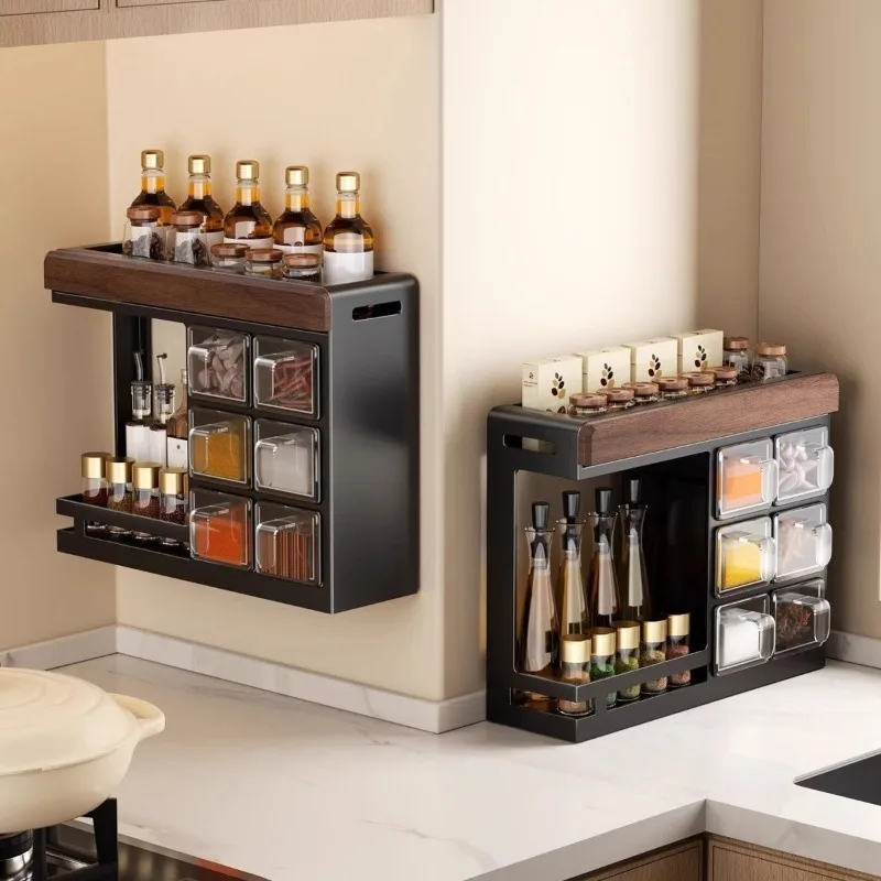 FOR Walnut Kitchen Seasoning Shelf Countertop Wall-mounted Punched Seasoning Multifunctional Storage Shelf