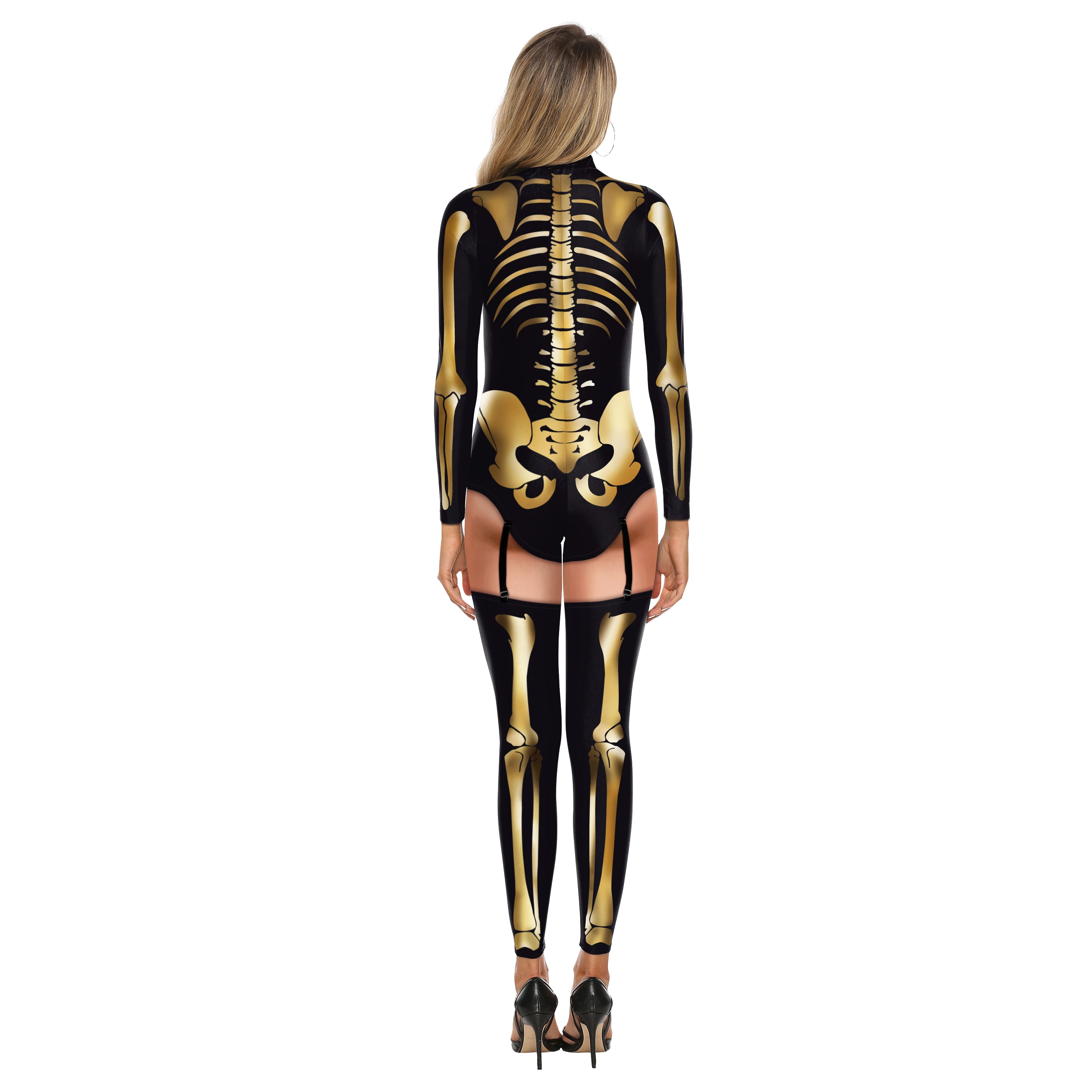 Gouden Skelet Jumpsuit Fancy Halloween Heks Cosplay Kostuum Carnaval Bodysuit Rits Party Catsuit 3d Print Zentai