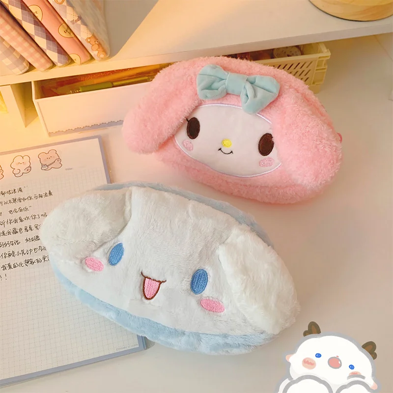 Sanrio Melody Cinnamoroll Fashionable Latest Pink Plush High Aesthetic Girl\'s Heart-shaped Pencil Case With Large Capacity