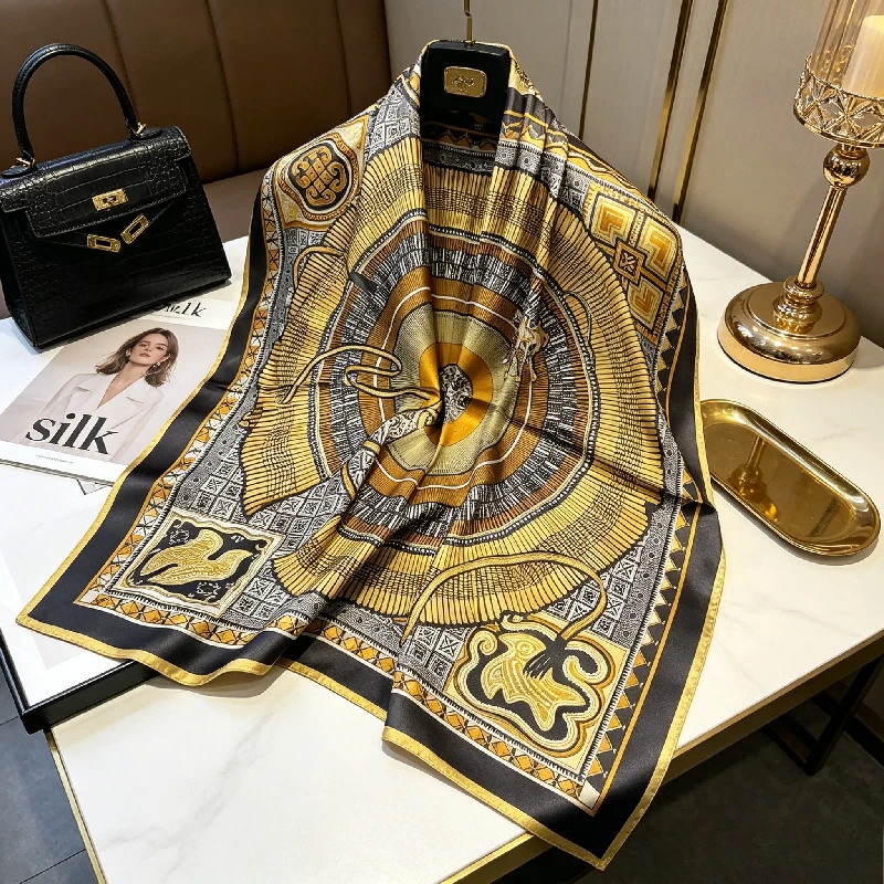 Premium Retro Thin Black Gold Disc Fan-shaped Plaid Silk Mulberry Silk 70 Square Scarf Bag Decoration Universal Silk Scarf view 6