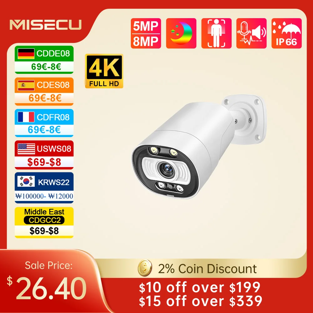 MISECU H.265 4K Ai POE 카메라, 5MP 8MP 양방향 통신, 인간 감지 야외 카메라, CCTV 시스템 감시 시스템용