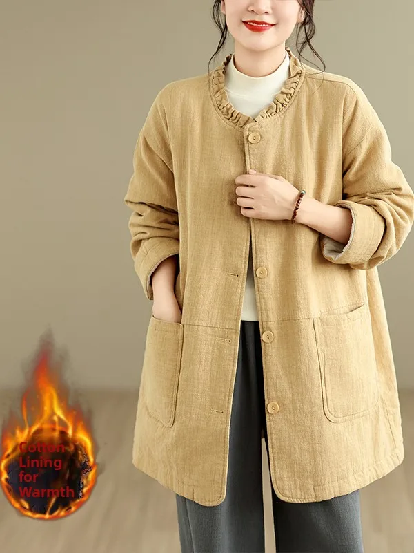 Artistic Vintage Women's Thickened Cotton Jacket Midi Loose Fit Earlet Collar Coat Winter Warm Long Sleeve Pure Color Straigh...