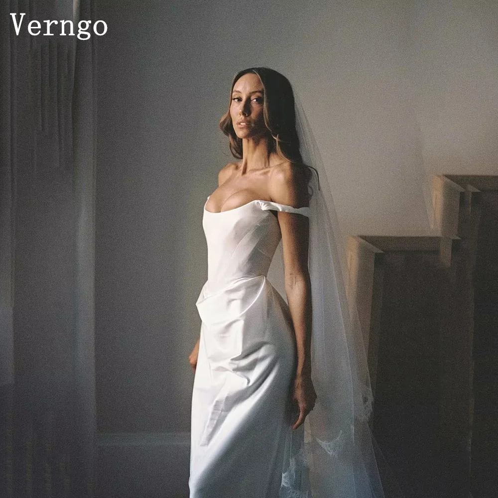 Verngo lvory Satin Bridal Gowns Off The Shoulder A Line Short Bridal Gowns Women Elegant Zipper Bride Dresses Customized
