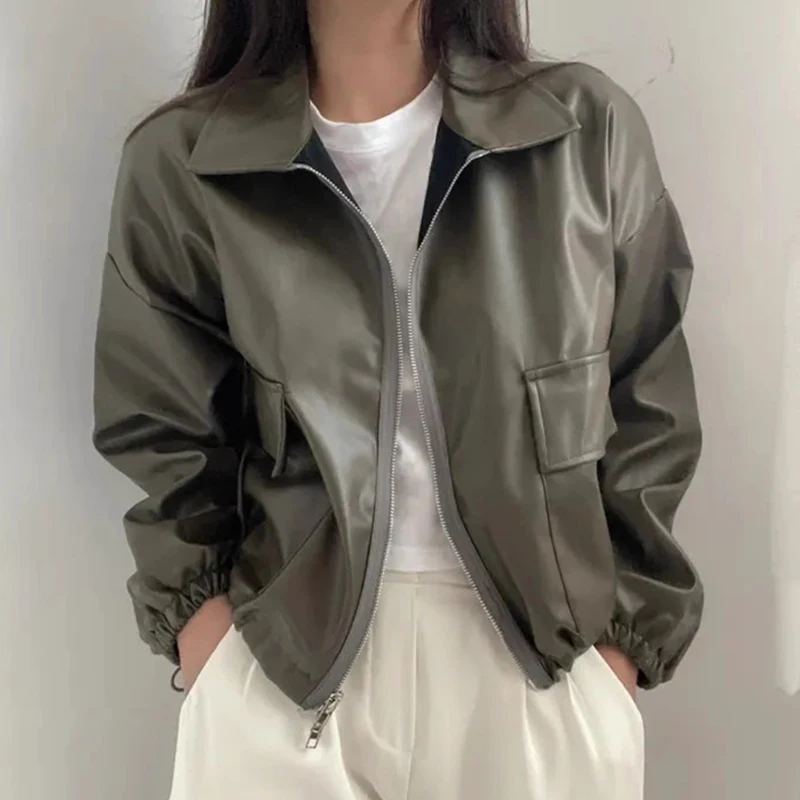 

Chic Autumn New Sle Biker Jaet Women's Double ket PU Leather Coat Dstring Casual Loose Fit Long Sve Zipper