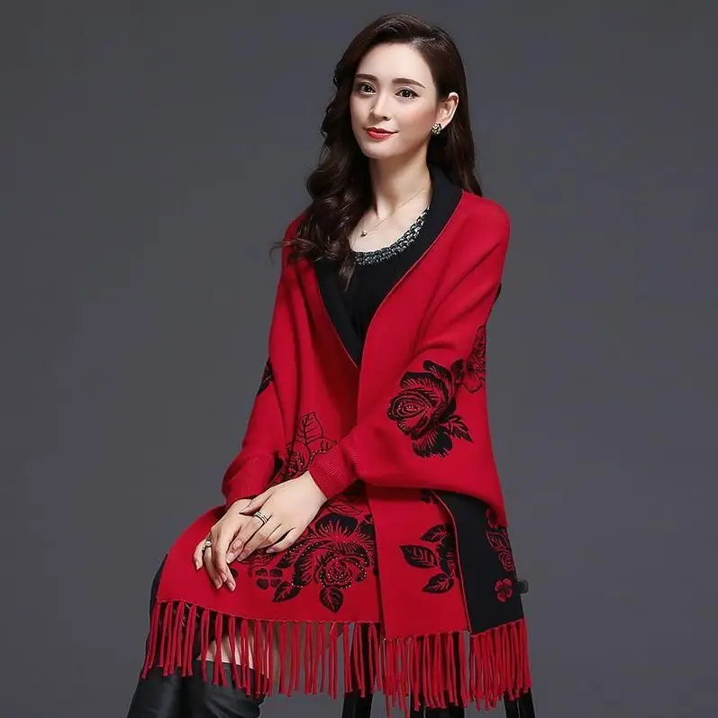 New cashmere tassel poncho shawl dual-purpose scarf women knitted sweater top retro cheongsam cloak cape coat outside clothing