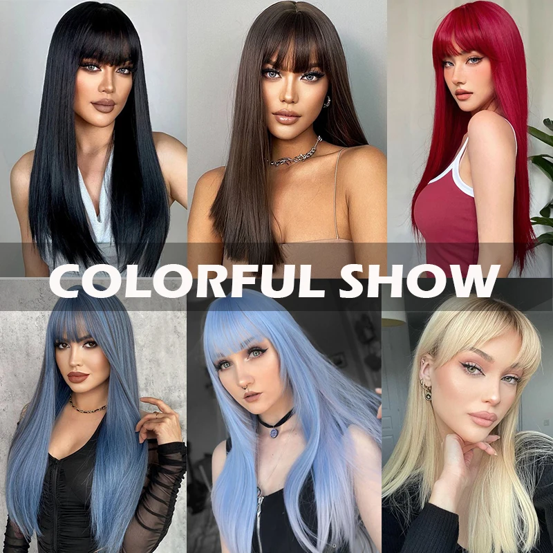 Black Straight Hair Wig with Bangs Long Natural Straight Wigs for Women Daily Use Synthetic Heat Resistant Wig Lolita Cosplay